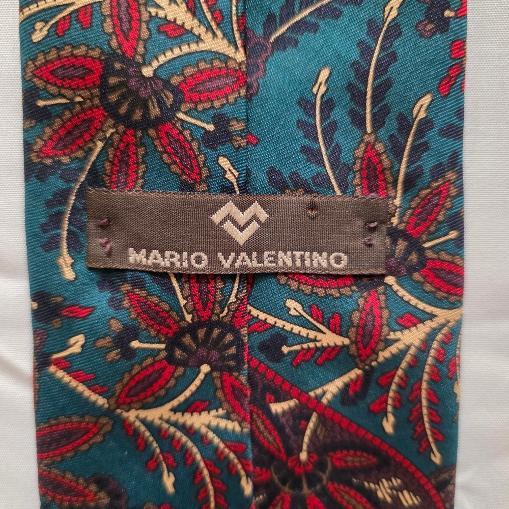Vintage Mario Valentino Teal Burgundy Paisley 100% Italian Silk Men's Neck Tie - Picture 4 of 5